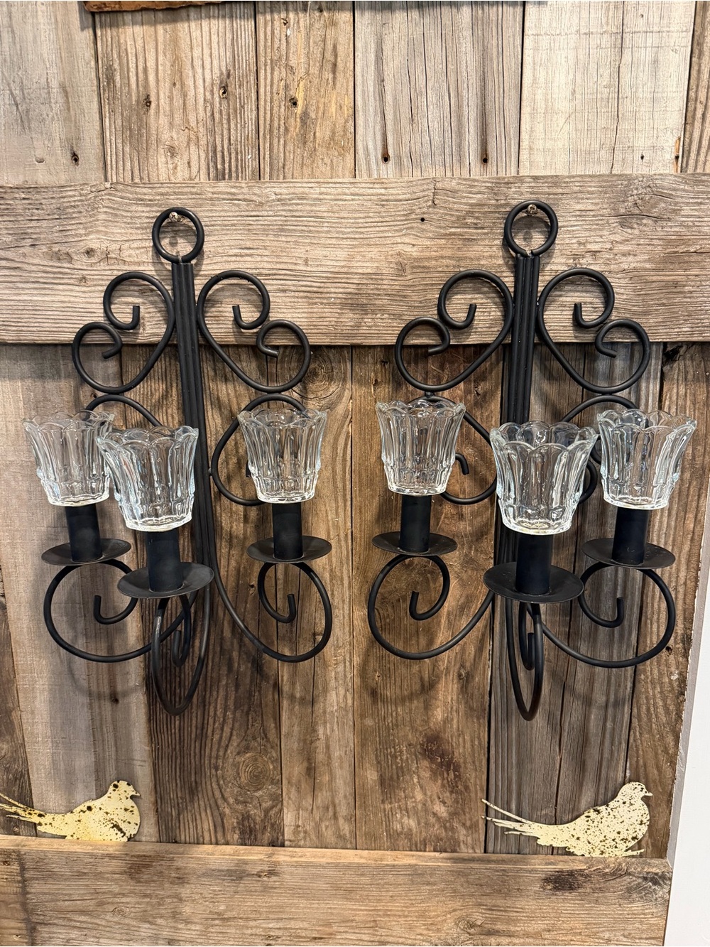 Pair of Vintage Black Scroll Metal Wall Sconces with Clear Glass Shades